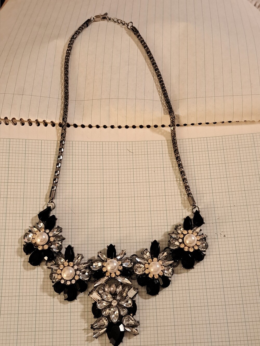 Crystal and Pearl Floral Bib Necklace in Black and Silver